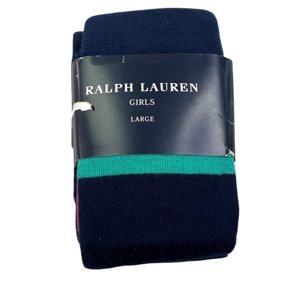 Ralph Lauren Girls Large Navy Blue Cotton Blend Tights Pink Green Stripe New